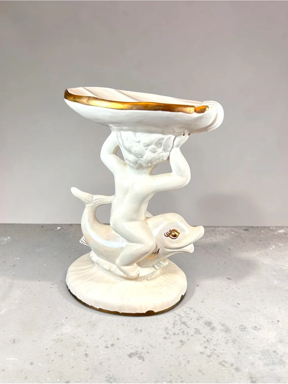 Vintage Holland Mold Ceramic Cherub Riding Dolphin Shell Dish Soap Trinket 8